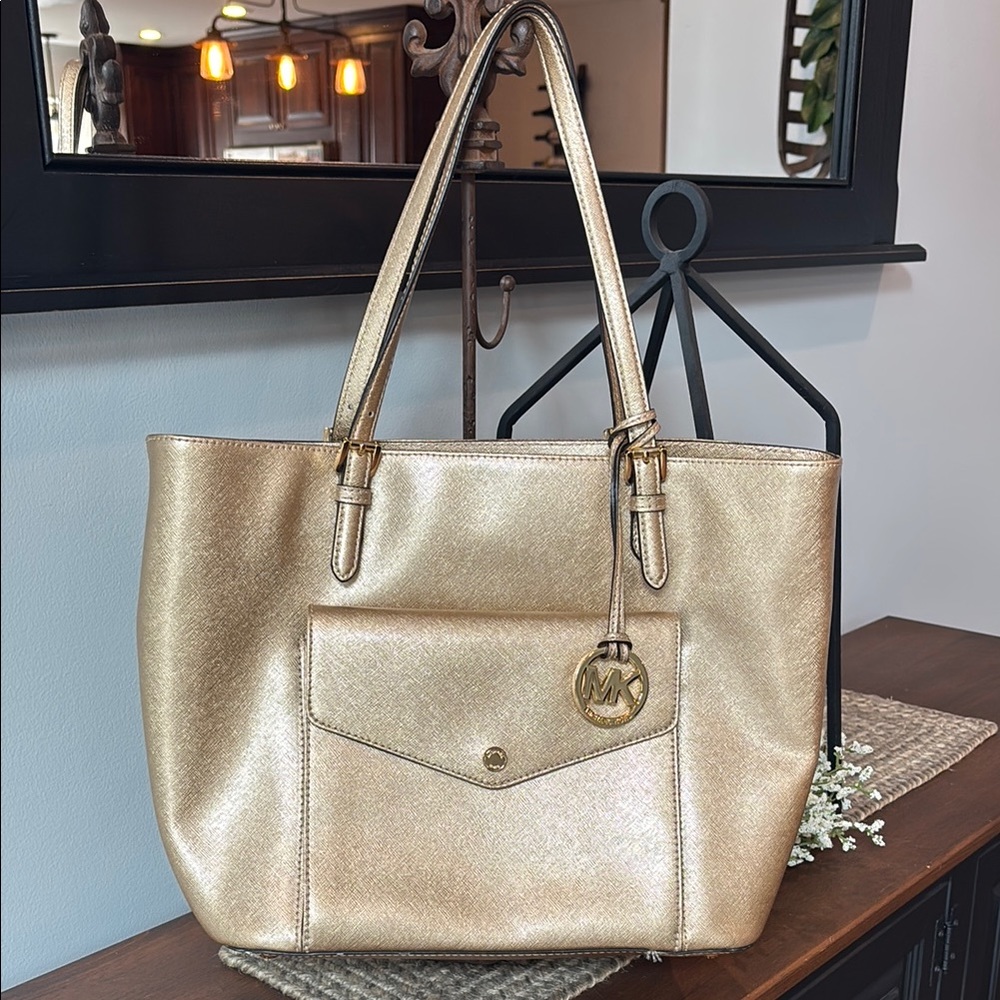 Michael Kors Metallic Gold Tote Bag with Textured Leather and Sturdy Handles